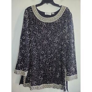 Laurence Kazar Black w/ Silver Beading & Pearls 100% Silk Tunic Blouse sie XL